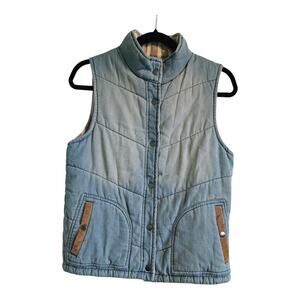 By Corpus Womens SM Petite Quilted Light Denim Vest Distressed Fade Pockets Snap